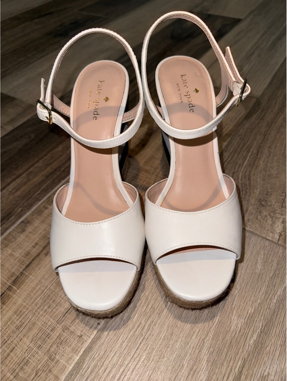 Kate Spade New York Women's White Leather Ankle Strap Wedge Sandals with Black & - Picture 3 of 8